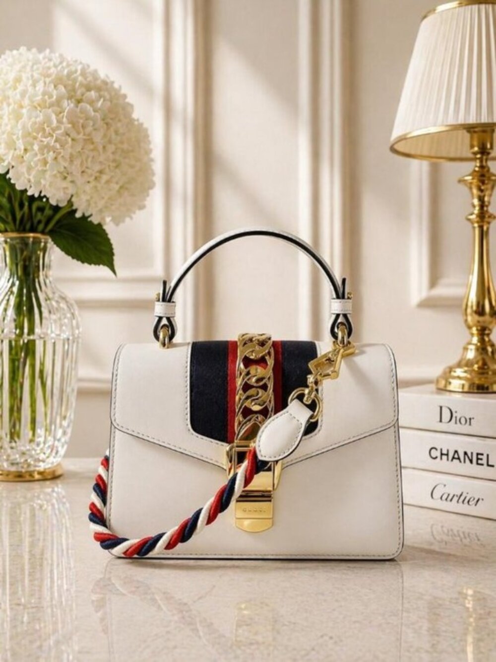 Authentic Gucci Sylvie Mini Top Handle White Leather Web Stripe Chain Crossbody